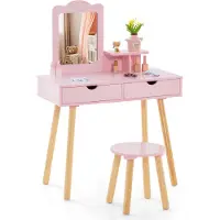 Costway Set da toilette per bambini, scrivania e sgabello 2in1 con specchio rimovibile, 2 cassetti, pettine per bambini dai 3 ai 7 anni Rosa