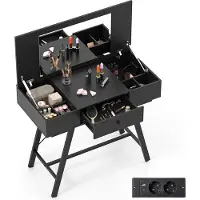 Costway Tavolo da trucco con grande specchio, stazione di ricarica, 6 scomparti, coperchio incernierato e cassetto, tavolo cosmetico rustico, nero