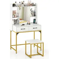 Costway Set tavolo da trucco con sgabello e specchio, tavolo cosmetico con stazione di ricarica, cassetti, scaffali aperti e armadietto a specchio, scrivania bianca