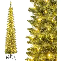 Costway 180cm albero di Natale artificiale a matita, albero di Natale con illuminazione, LED in bianco caldo, albero di Natale sottile per Natale, albero artificiale con supporto in metallo, verde