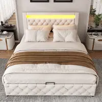 MODFU Letto a cassetti , letto imbottito 140 x 200 cm, letto matrimoniale, letto funzionale con rete a doghe e vano contenitore, con illuminazione a LED, senza materasso, bianco