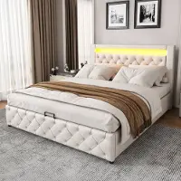 MODFU , Letto con rete a molle, Letto imbottito 160x200 cm, Letto matrimoniale, Letto multifunzionale con rete e spazio contenitore, con illuminazione LED, senza materasso, bianco