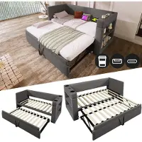 OKWISH divano letto con letto estraibile 90x190cm daybed con porta di ricarica USB e Type-C,daybed con portabicchieri,letto singolo senza materasso,grigio