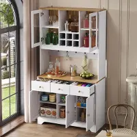 OKWISH mobile da cucina con pedana e cassetti, mobile alto con ganci, mobile alto in legno con posto per vini, bianco
