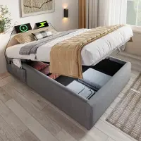 STILVORA Letto imbottito 90×200 cm, letto singolo, struttura con vano contenitore, base con porta USB-C e rete a doghe su tutta la superficie, senza testiera, tessuto in lino, grigio (senza materasso)
