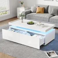 Ropilly Tavolino da divano di 95 x 45 x 35 cm, realizzato in pannello di particelle rivestito in bianco con illuminazione a LED, dotato di 2 cassetti e un vano portaoggetti semiaperto, con finitura lucida