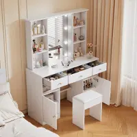 MODFU tavolo da toilette / tavolo cosmetico con luce LED e specchio, con sgabello, cassettiera per cosmetici, tavolo da toilette con 3 cassetti e 2 ante, bianco