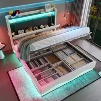 STILVORA Letto matrimoniale 160x200 con rivestimento imbottito e funzione di ricarica USB Type-C, testiera con LED e ripiani, letto per ragazzi con contenitore, beige – senza materasso