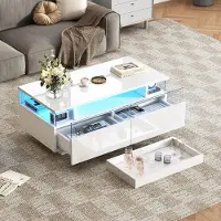 Kein Hersteller Tavolino, 90x45x35,5 cm, con vassoio, finitura lucida, tavolino da divano, 2 cassetti, piano in vetro temperato, illuminazione LED