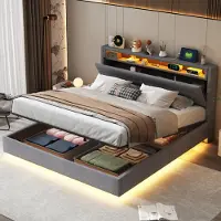 MODFU Letto imbottito 160x200 cm con contenitore idraulico, illuminazione LED e presa USB, letto matrimoniale con testata girevole, grigio (senza materasso)