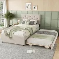 MODFU Letto imbottito , 90x200 cm, con letto supplementare a scomparsa 90x190 cm, letto per bambini/ragazzi con rete a doghe, color beige. (Senza materasso)