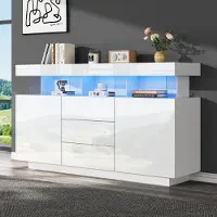 Merax Credenza bianca lucida con LED, mobile multiuso in truciolato e acrilico, cassettiera 140x35x80 cm con 3 cassetti e 2 ante, vetrina