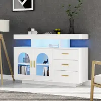 Merax Madia a cassettiera con frontale lucido, cassettiera con 3 cassetti e 2 ante, madia a buffet con LED, bianco