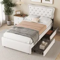 Sweiko letto piano 90 x 200 cm, letto imbottito, comodino imbottito con borchie decorative, doppio cassetto, beige chiaro