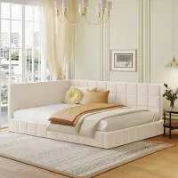 MODFU Letto imbottito divano letto 140×200, letto per ragazzi con rete a doghe e testiera, divano letto con schienale, velluto, senza materasso, beige