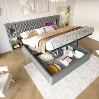 Flieks Letto imbottito idraulico 180x200cm con USB e comodino, letto matrimoniale box spring con lampada da lettura, letto contenitore letto in legno velluto, grigio