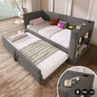 Flieks Letto imbottito 90x200cm con funzione cassetto e portabicchieri, divano letto da giorno con letto estraibile e contenitore, letto da giorno per ragazzi in cotone, grigio