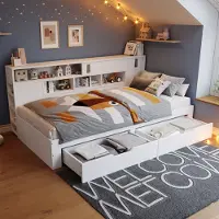 STILVORA Divani letto 90×200 Letto multifunzionale per bambini, letto singolo con cassetti e ripiani regolabili, design a doppio cassetto, senza materasso, bianco
