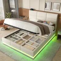 LVHOM Letto imbottito 180x200cm con LED e USB, letto matrimoniale con sistema idraulico, letto contenitore in tessuto di velluto, struttura del letto solida, letto a molle, beige