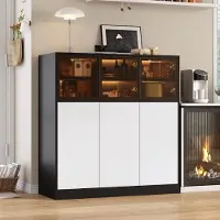 Merax Cassettiera , con illuminazione LED, 3 ante in vetro, 3 ante, mobile contenitore per soggiorno cucina sala da pranzo, 100×40×105 cm, nero+bianco