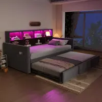 Flieks Divano letto per giovani 90x190cm con letto estraibile, daybed Daybed con Led, letto imbottito letto singolo con funzione di carico e contenitore, velluto grigio scuro