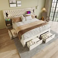 Flieks Letto imbottito 160x200cm con USB e lampada da lettura, letto matrimoniale contenitore con comodino e 4 cassetti, letto funzionale in legno, velluto, beige