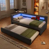 Flieks Letto imbottito 90x200cm con letto estraibile, divano letto daybed con funzione di carico e LED, letto giovanile letto singolo daybed, lino, grigio
