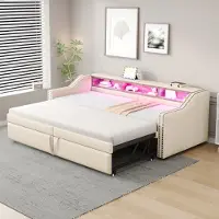 Flieks divano letto imbottito 90x200cm/180x200cm, daybed con sotto letto, divano letto in legno con USB e LED, biancheria funzionale, beige