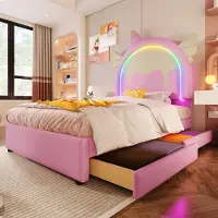Flieks Letto imbottito 90x200cm con LED, letto per bambini con 2 cassetti, letto singolo in legno con simpatica testata, letto contenitore in Pelle finta, rosa