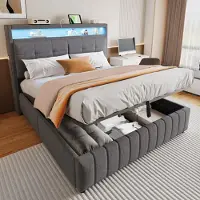 MODFU Letto imbottito idraulico 160 x 200 cm con illuminazione a LED e presa USB, testiera con ripiani e vano contenitore, letto a scomparsa idraulico con vano contenitore, Grigio (senza materasso)