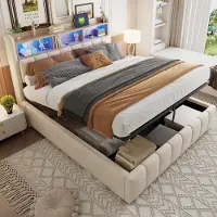 Flieks Letto imbottito 180x200cm con USB &Type-C, letto a molle insacchettate letto contenitore con LED e testata contenitore, letto matrimoniale letto per ragazzi, biancheria, beige
