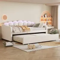 Flieks divano letto divano letto 90x200cm con LED, letto imbottito letto per ragazzi letto singolo con letto estraibile 90x190cm, letto da giorno letto per ospiti letto funzionale, velluto beige
