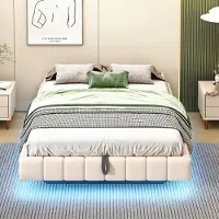 OKWISH letto imbottito （140x200 cm）letto per bambini，letto per ragazzi，letto matrimoniale，letto contenitore，letto multifunzionale，letto idraulico，telaio per letto，con luce LED, senza materasso，beige