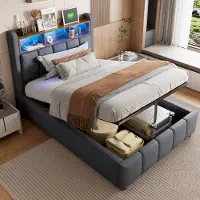 Flieks Letto imbottito 90x200cm con USB &Type-C, letto a molle insacchettate letto contenitore con LED e testata contenitore, letto singolo letto per ragazzi, biancheria, grigio