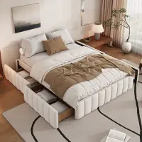 STILVORA Letto imbottito 140×200 senza materasso, letto matrimoniale con rete a doghe e 4 cassetti, senza testiera, beige