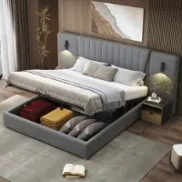 MODFU Letto boxspring idraulico 180 x 200 cm con lampada da lettura orientabile e porta USB, letto imbottito funzionale con schienale allungato, velluto grigio (senza materasso)