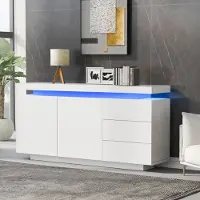 Merax Credenza lucida con illuminazione a LED, credenza alta con 2 ante e 3 cassetti, cassettiera lucida senza maniglie in MDF, credenza da salotto, bianca