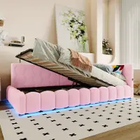MODFU Divano letto 90x200, divano letto con striscia luminosa a LED e vano contenitore idraulico, divano letto con porta USB e Type-C, letto per ragazzi con rete a doghe, senza materasso, rosa