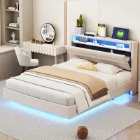 MODFU Letto imbottito Funzionale 140 x 200 cm con porta USB e testiera con vano contenitore, letto matrimoniale con vano contenitore e illuminazione a LED Tessuto di lino Beige (senza materasso)