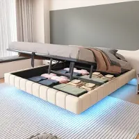 Flieks Letto imbottito idraulico 180x200cm senza testata, letto a molle inscatolate letto contenitore letto matrimoniale con LED, letto per ragazzi letto in legno, lino, beige