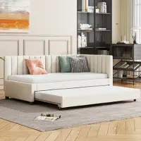 MODFU Letto estraibile Letto da giorno 90x200 cm con letto inferiore estraibile 90x190 cm e rete a doghe, Letto in legno Daybed Letto per bambini, Beige (senza materasso)