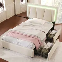 MODFU Letto imbottito Functional 90 x 200 cm con illuminazione a LED e testiera regolabile in altezza, Letto singolo con contenitore e 2 cassetti, Tessuto di lino beige (senza materasso)