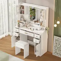 MODFU Trolley da toeletta con illuminazione LED regolabile e cassetti, tavolino da trucco con specchio, 6 cassetti e 4 ante, bianco