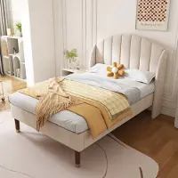 Merax Letto imbottito 90x200cm con rete a doghe e testata, letto per ragazzi letto in legno massiccio letto singolo con rivestimento in velluto in beige