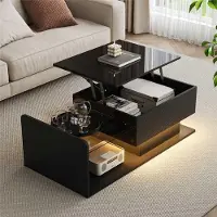 Merax Tavolino con piano in vetro, tavolino con comando app per illuminazione a LED, tavolino da salotto regolabile in altezza con vano portaoggetti, nero lucido