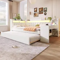 OKWISH divano letto 140x200 daybed youth bed con letto estraibile 90x190 e LED, daybed matrimoniale con connessione USB e design scrivania, bianco (con materasso)