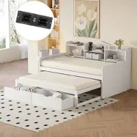 MODFU Letto pieghevole Letto da giorno 90x200 cm con letto estraibile 90x190 cm e due cassetti, Letto in legno Letto da giorno Letto per bambini con presa USB, Bianco (senza materasso)