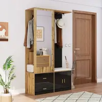 MODFU : armadio guardaroba, mobile da cucina, mobile contenitore, armadio multifunzionale con specchio e scarpiera, credenza alta con scarpiera, nero e legno