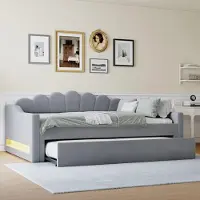 Merax divano letto 140x200 con letto estraibile 190x90cm, LED, schienale a conchiglia, letto per bambini, letto imbottito, letto da giorno in velluto, grigio