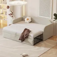 Merax day bed 90x190cm/180x190cm letto estraibile, divano letto allungabile con rete a doghe e braccioli, letto imbottito in lino letto per bambini divano letto, beige